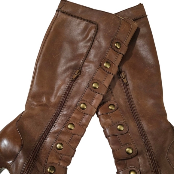 ZIGIGirl Soft Brown Genuine Leather Military Button Detail Platform Tall Boots - Picture 7 of 16